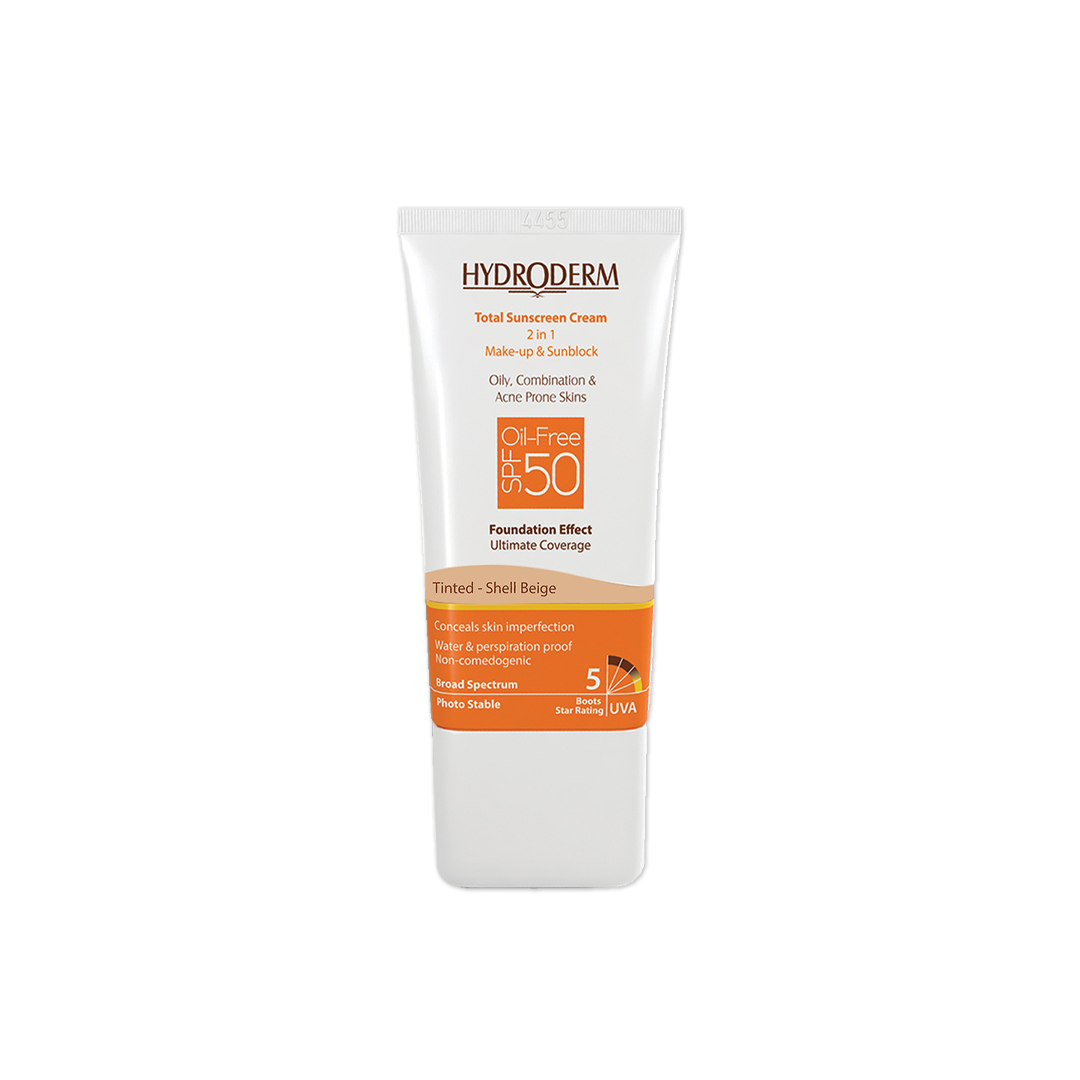 کرم ضدآفتاب با SPF50 فاقد چربی با پوشش کرم پودری هیدرودرم بژ صدفی	